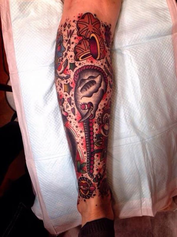 Traditional Elephant Head Tattoo On Right Leg