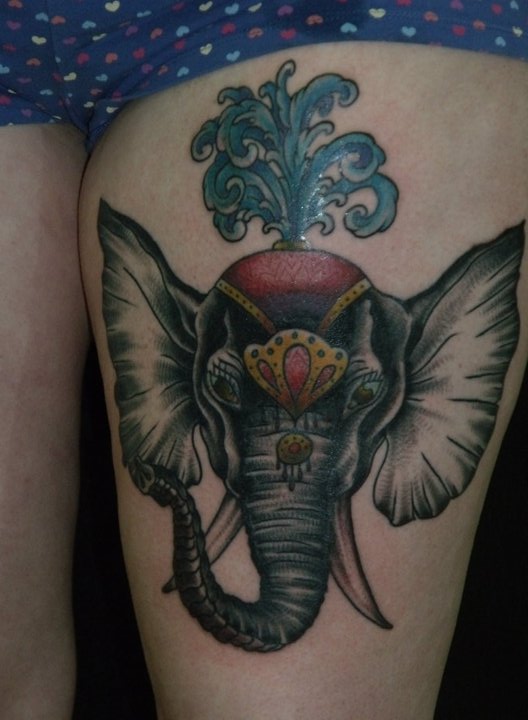 Traditional Elephant Head Tattoo On Thigh By Evan Lindemann
