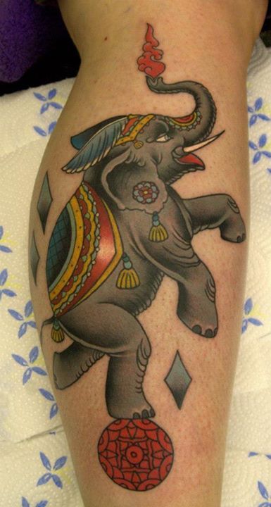 Traditional Elephant Tattoo On Leg By Phatt German