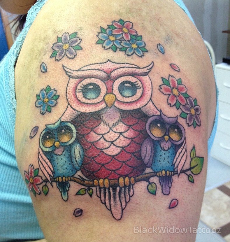 Traditional Flowers And Owl Family Tattoo On Left Shoulder