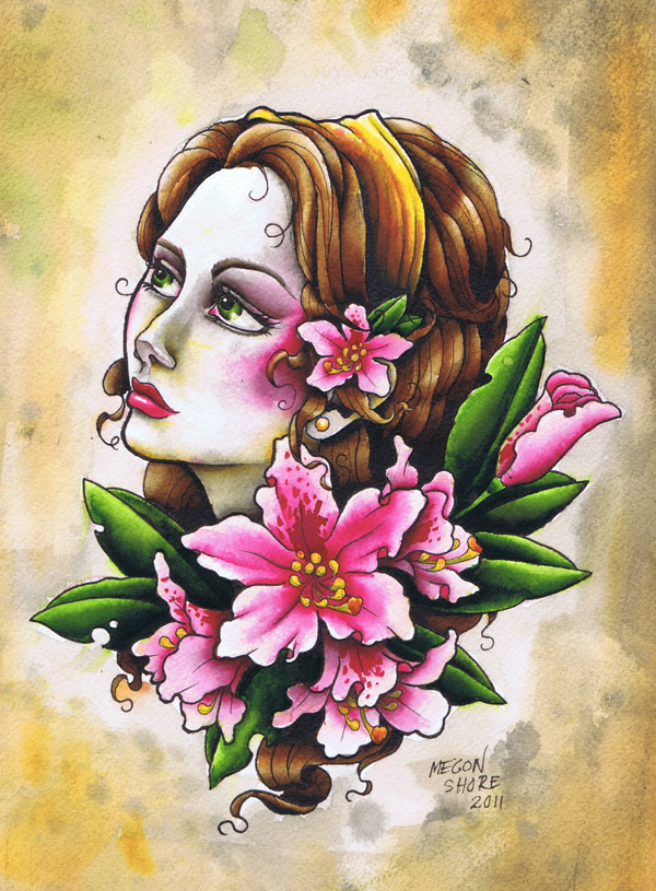 Traditional Girl Face With Rhododendron Flowers Tattoo Design