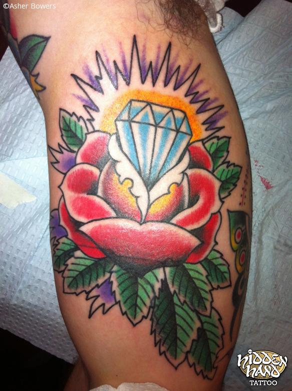 Traditional Rose And Diamond Tattoo On Bicep