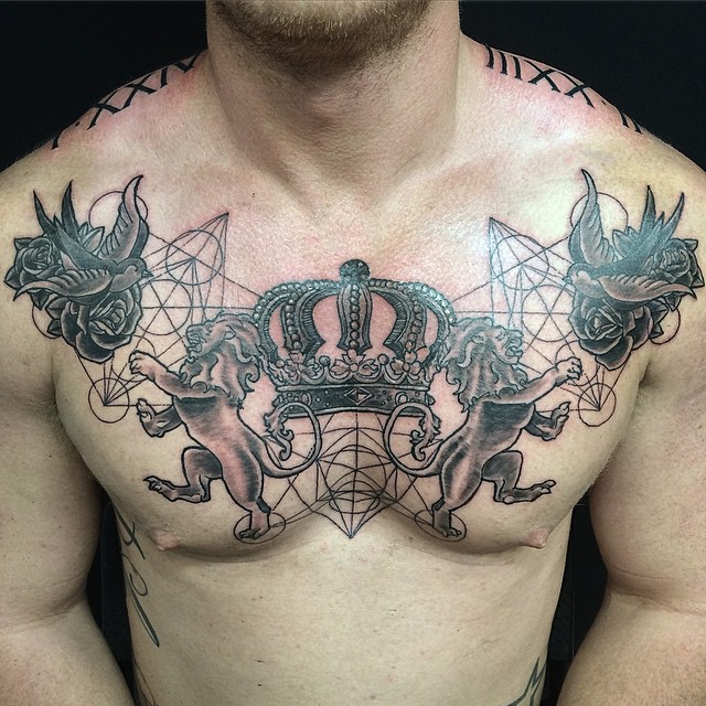 Traditional Rose Flowers And Crown Tattoo On Man Chest