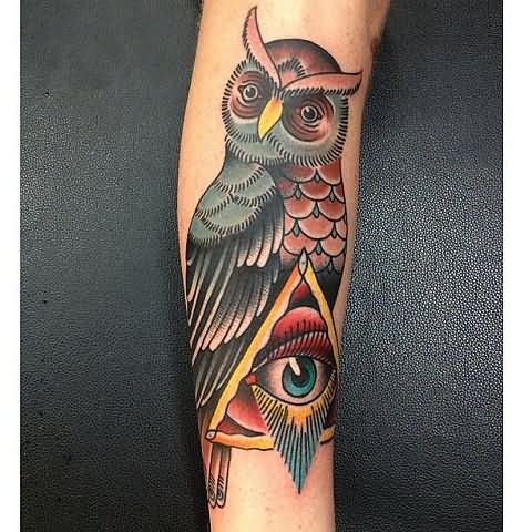 Traditional Triangle Eye With Owl Tattoo Design For Sleeve