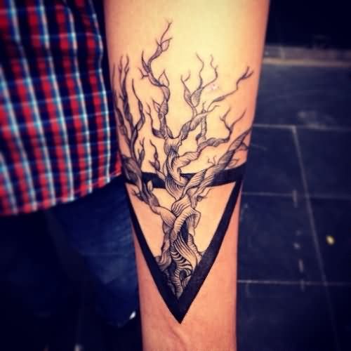 Tree Without Leaves In Triangle Tattoo On Forearm