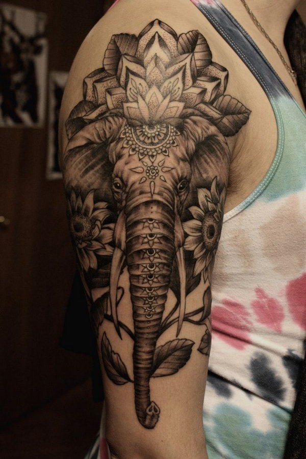 Grey Ink Geometric Elephant Head Tattoo On Right Half Sleeve