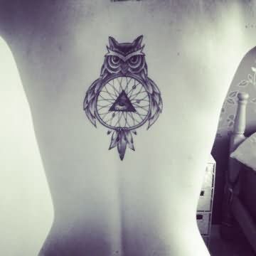 Unique Black Ink Owl With Triangle Eye Tattoo On Back