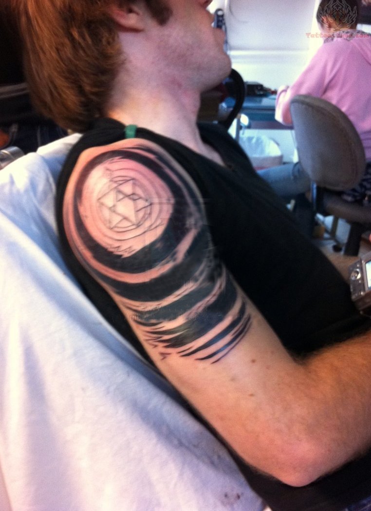 Unique Black Ink Zen Circle Tattoo On Man Right Shoulder By Amber L. DuBoise