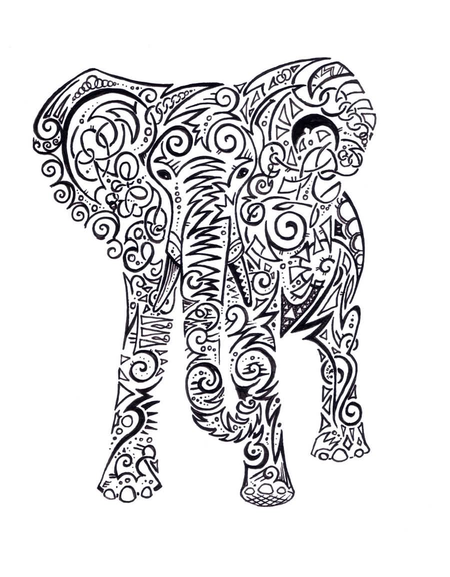 Unique Black Outline Elephant Tattoo Design By Wolfds