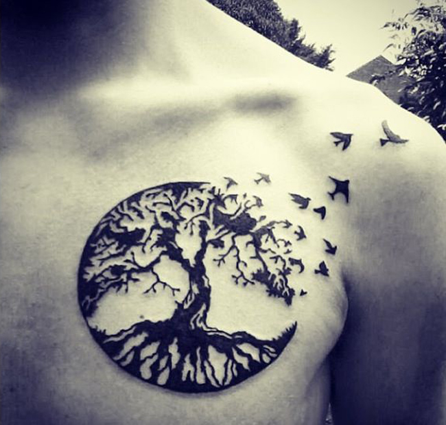Unique Black Zen Circle With Tree And Flying Birds Tattoo On Man Left Front Shoulder