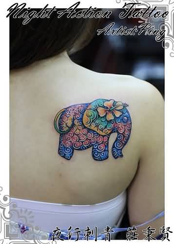Unique Colorful Baby Elephant Tattoo On Girl Right Back Shoulder