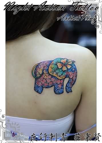 Unique Colorful Chinese Elephant Tattoo On Girl Right Back Shoulder