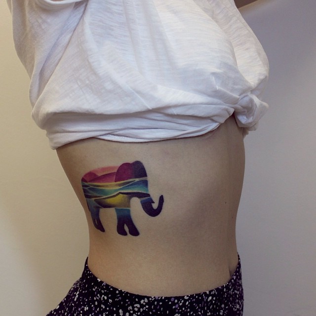 Unique Colorful Elephant Tattoo On Girl Right Side Rib By Sasha Unisex