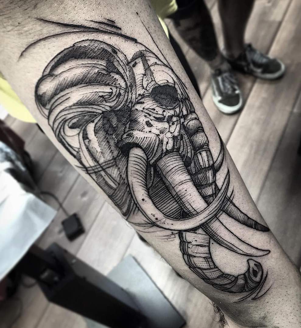 Unique Dotwork Elephant Skull Tattoo On Forearm