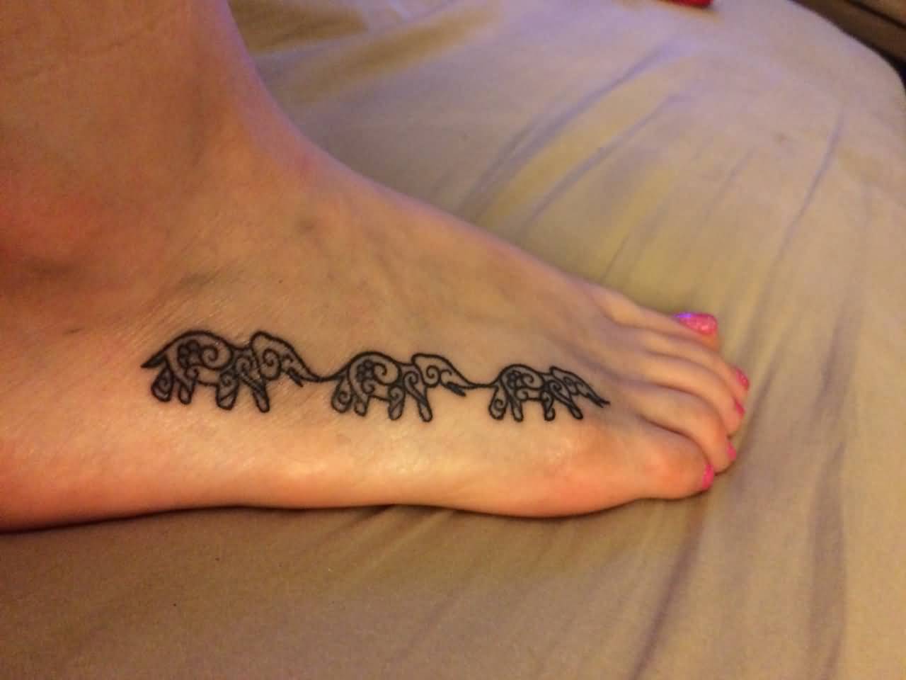 Unique Three Elephant Tattoo On Right Foot