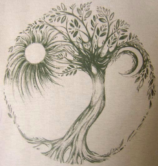 Unique Zen Tree With Sun And Half Moon Tattoo Design By Liza Paizis