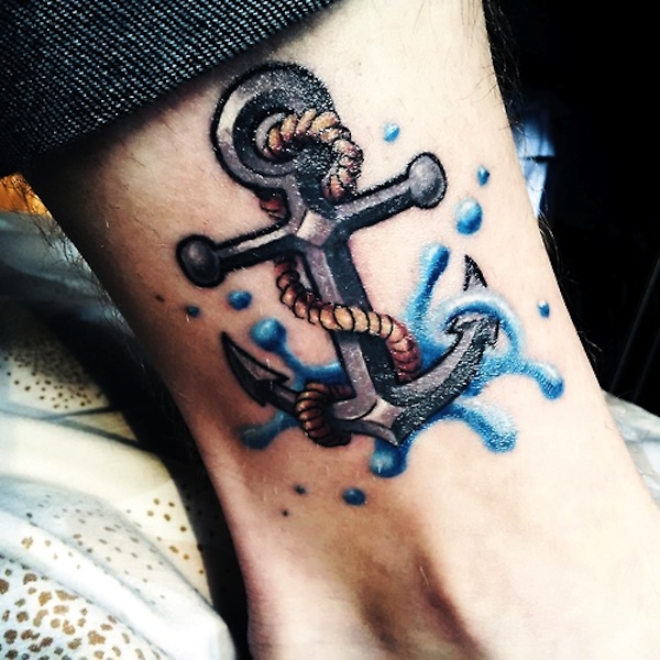 Water Splash And Anchor Ankle Tattoo