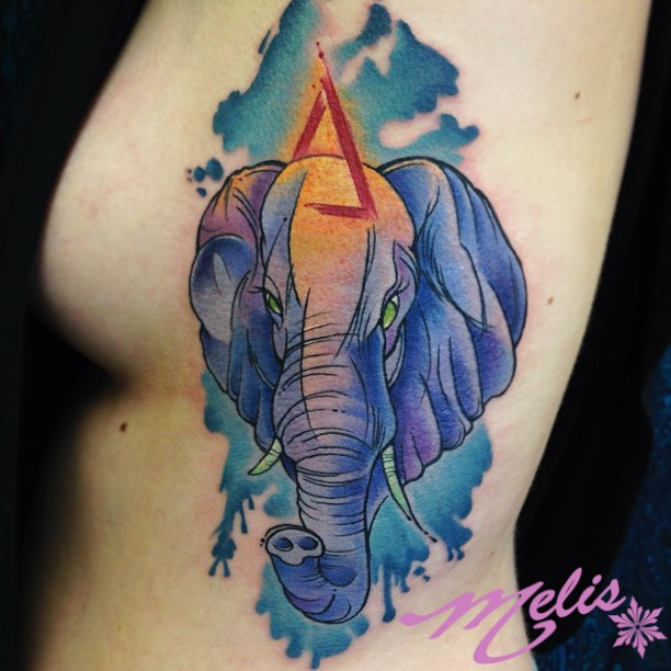 Watercolor Asian Elephant Head Tattoo Design For Side Rib By Melissa Fusco