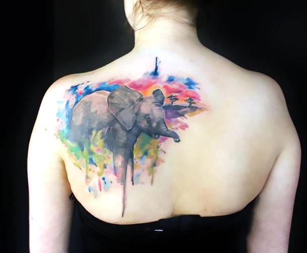 Watercolor Asian Elephant Tattoo On Girl Left Back Shoulder