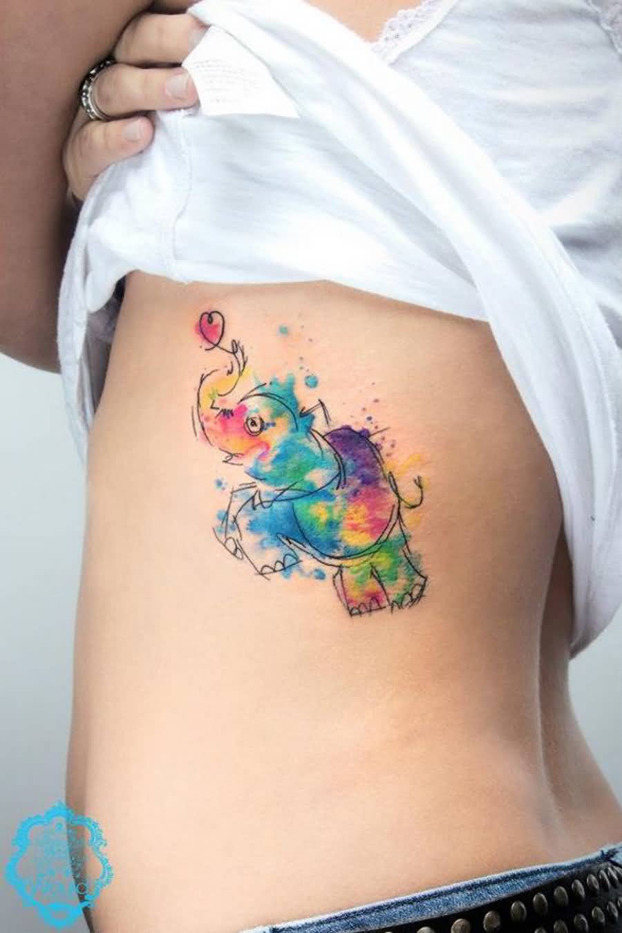 Watercolor Baby Elephant Tattoo On Girl Left Side Rib