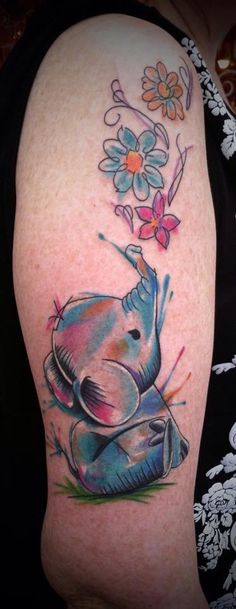 Watercolor Baby Elephant With Flowers Tattoo On Right Half Sleeve