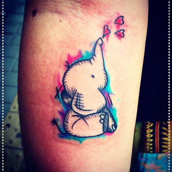 Watercolor Baby Elephant With Hearts Tattoo Design For Forearm By Erika Wonderland