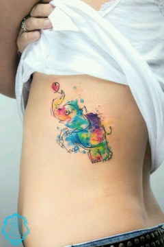 Watercolor Chinese Elephant Tattoo On Girl Left Side Rib