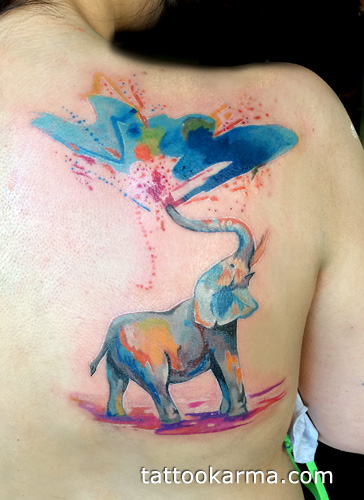 Watercolor Chinese Elephant Trunk Up Tattoo On Right Back Shoulder
