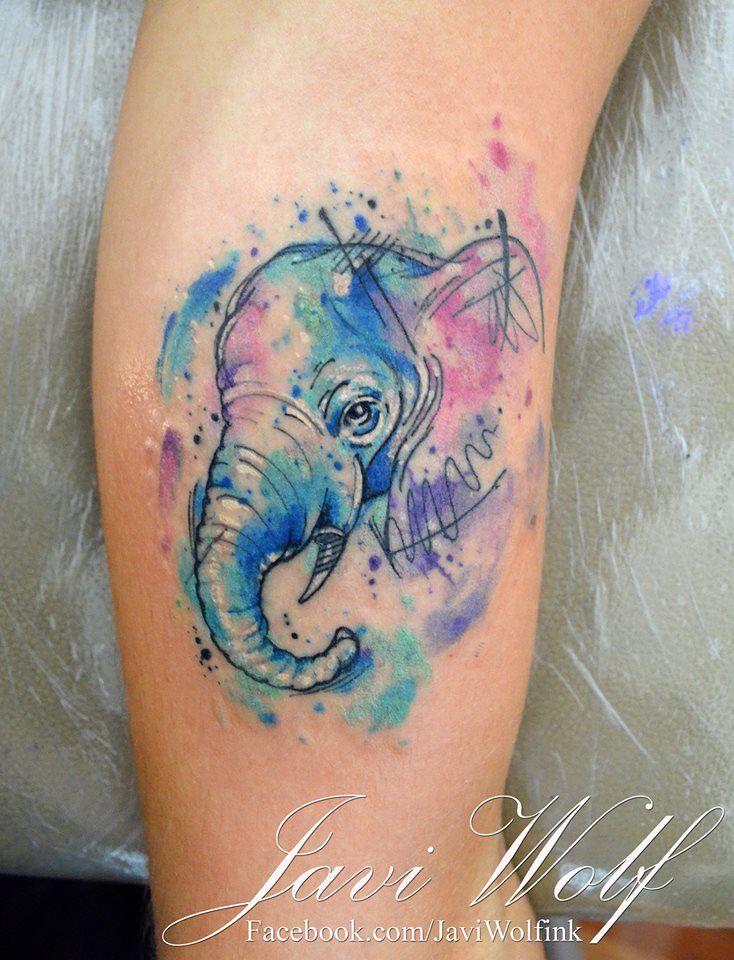Watercolor Elephant Head Tattoo Design For Half Sleeve By Javi Wolf