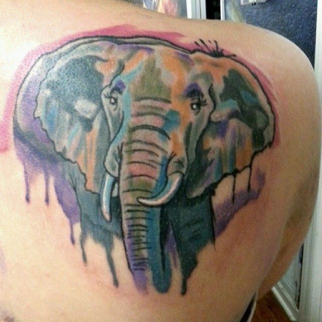 Watercolor Elephant Head Tattoo On Right Back Shoulder