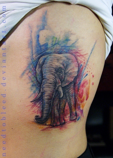 Watercolor Elephant Tattoo On Side Rib