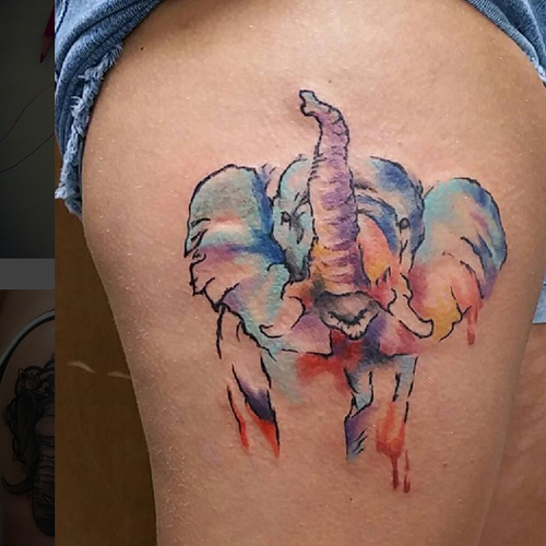 Watercolor Elephant Trunk Up Tattoo On Right Thigh
