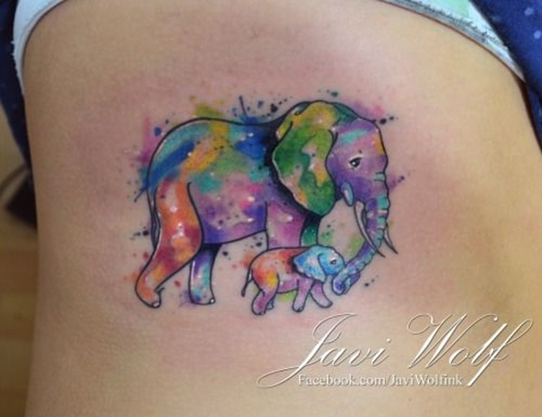 Watercolor Elephant With Baby Elephant Tattoo On Side Rib