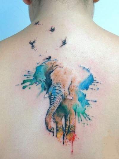 Watercolor Elephant With Flying Birds Tattoo On Upper Back