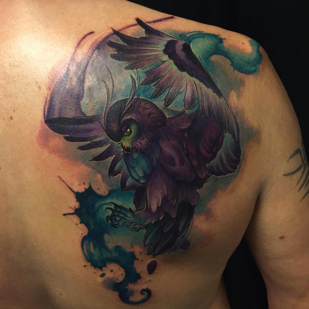 Watercolor Flying Owl Tattoo On Back Shoulder