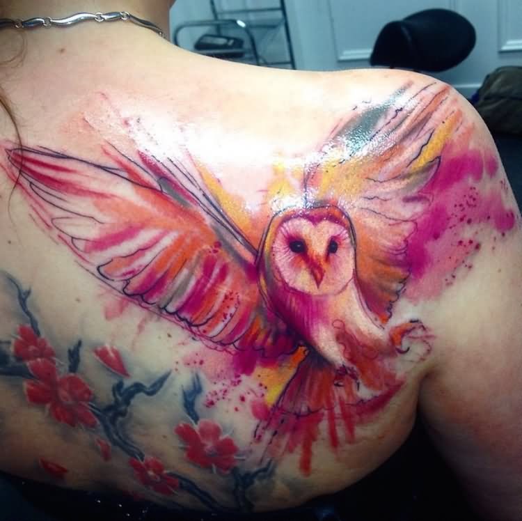 Watercolor Flying Owl Tattoo On Right Back Shoulder