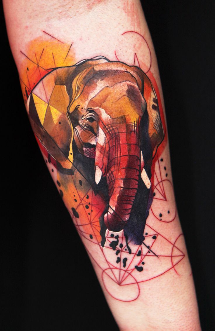 Watercolor Geometric Elephant Head Tattoo On Forearm By Ivana Belakova