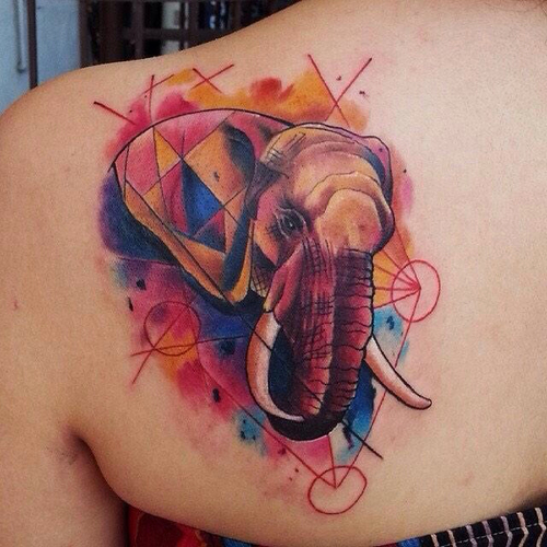 Watercolor Geometric Elephant Head Tattoo On Left Back Shoulder