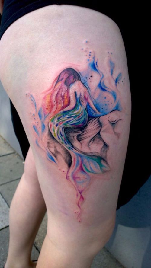 Watercolor Mermaid Tattoo On Girl Side Thigh