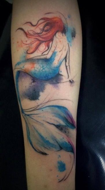 Watercolor Mermaid Tattoo On Left Forearm