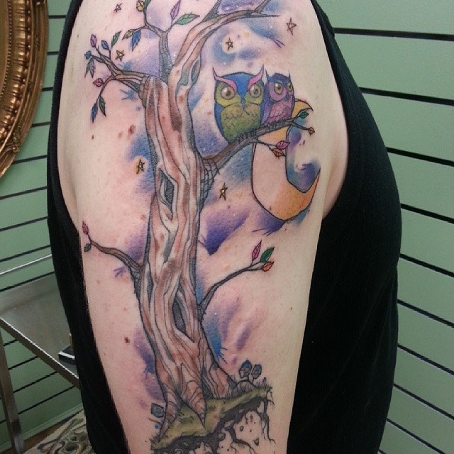 Watercolor Owl Family Sit On Tree Tattoo On Right Half Sleeve