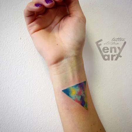 Watercolor Triangle Tattoo On Girl Right Wrist