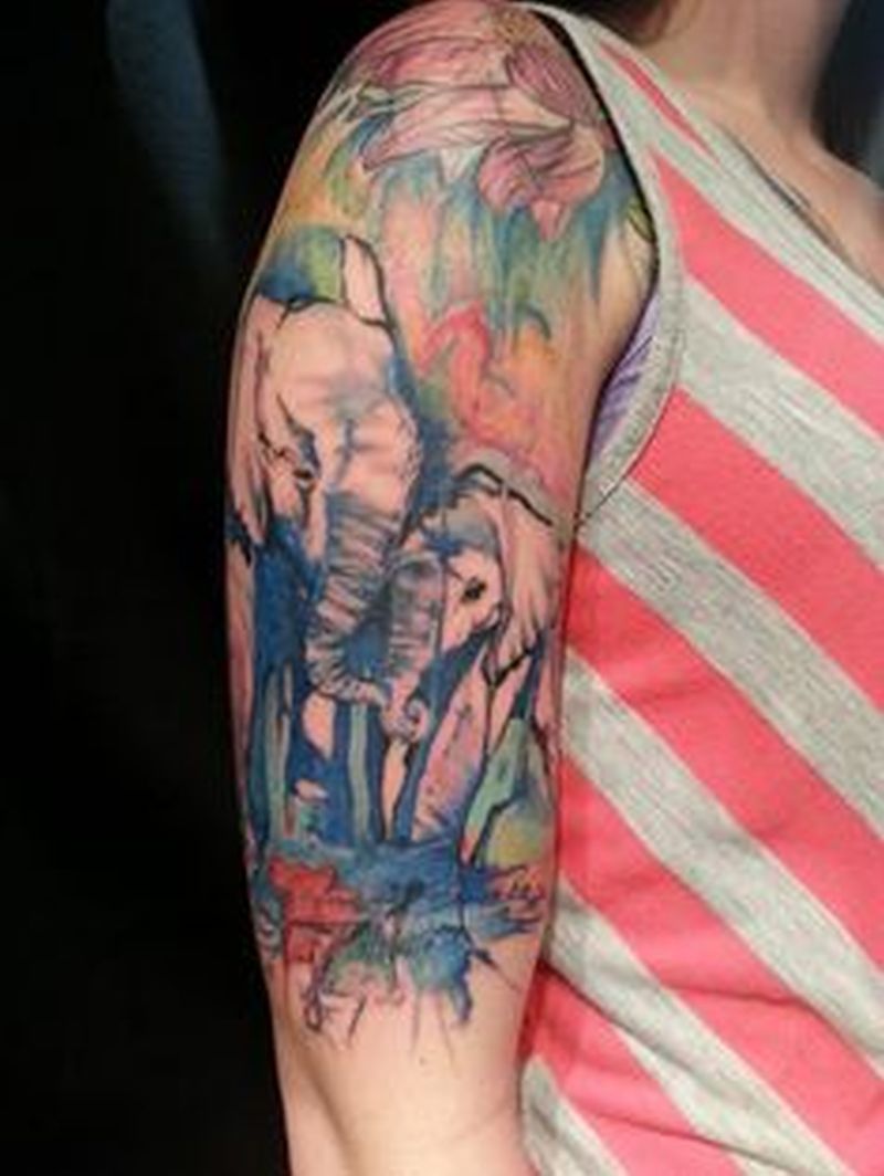 Watercolor Two Elephants Tattoo On Girl Right Half Sleeve
