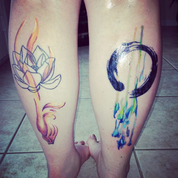 Watercolor Zen Circle And Lotus Flower Tattoo On Both Leg Calf By Jennifer Edge