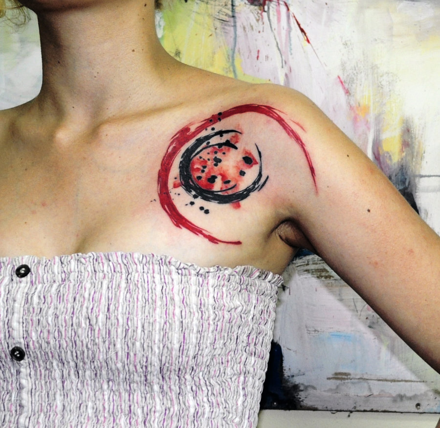 Watercolor Zen Circle Tattoo On Girl Left Front Shoulder