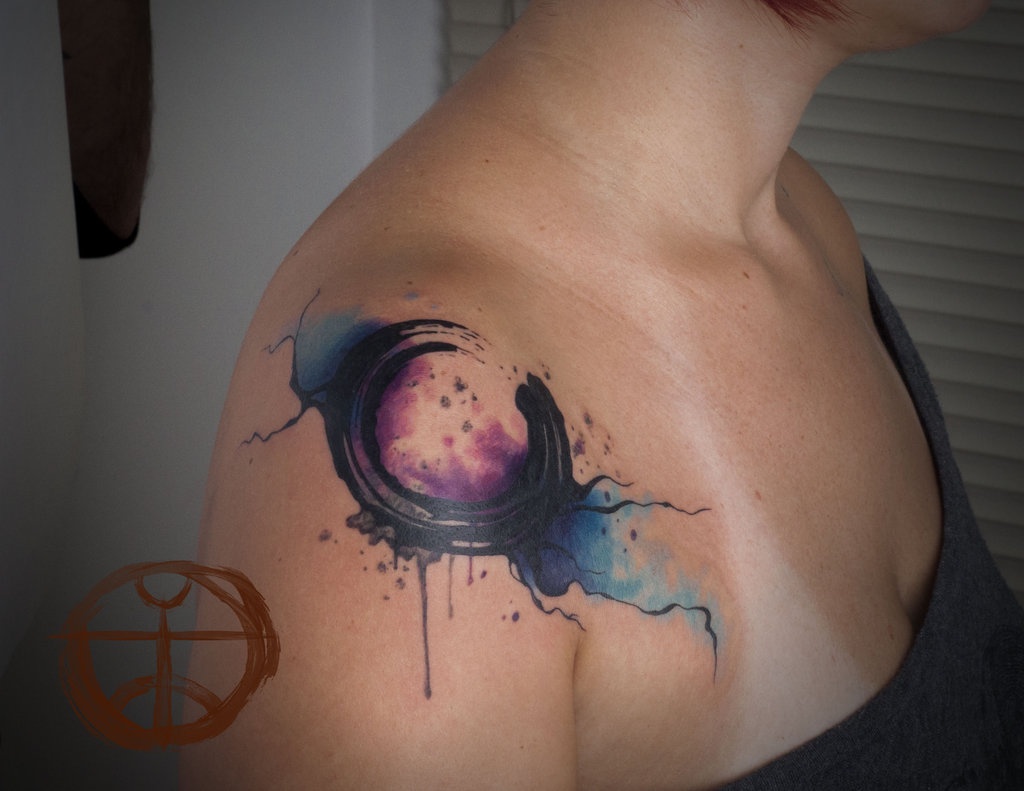 Watercolor Zen Circle Tattoo On Right Shoulder
