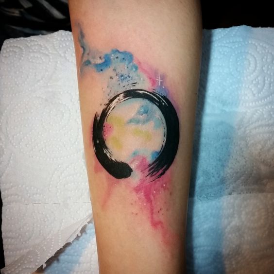 Watercolor Zen Circle Tattoo On Sleeve