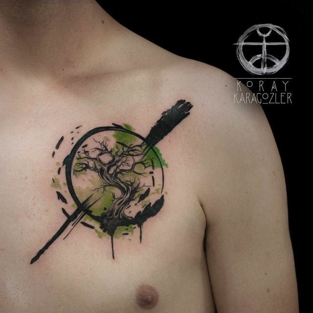 Watercolor Zen Tree Tattoo On Man Left Front Shoulder