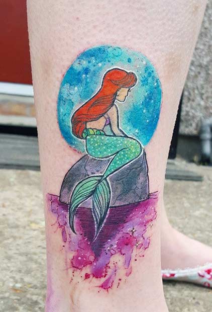 Watercolor Disney Little Mermaid Tattoo On Side Leg
