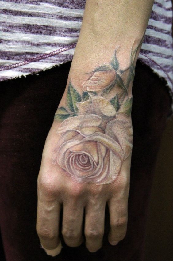 White Rose Tattoo On Left Hand